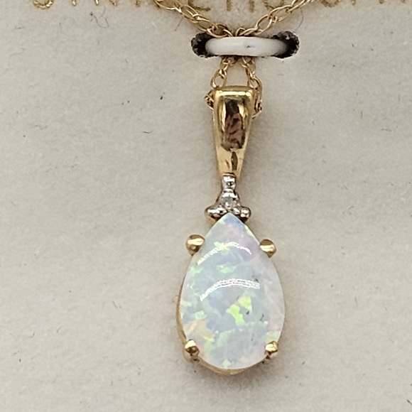 10k Gold Necklace Diamond Synthetic Opal Teardrop 18" Baby Rope Chain Gift Box - Picture 3 of 9